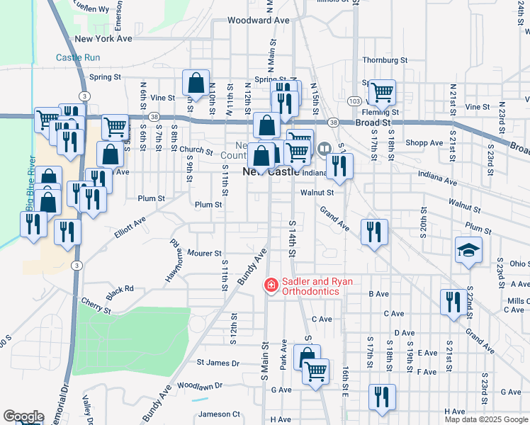 map of restaurants, bars, coffee shops, grocery stores, and more near 533 South Main Street in New Castle