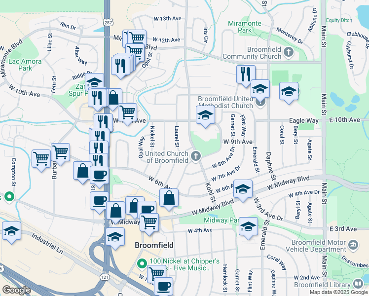 map of restaurants, bars, coffee shops, grocery stores, and more near 815 Lotus Way in Broomfield