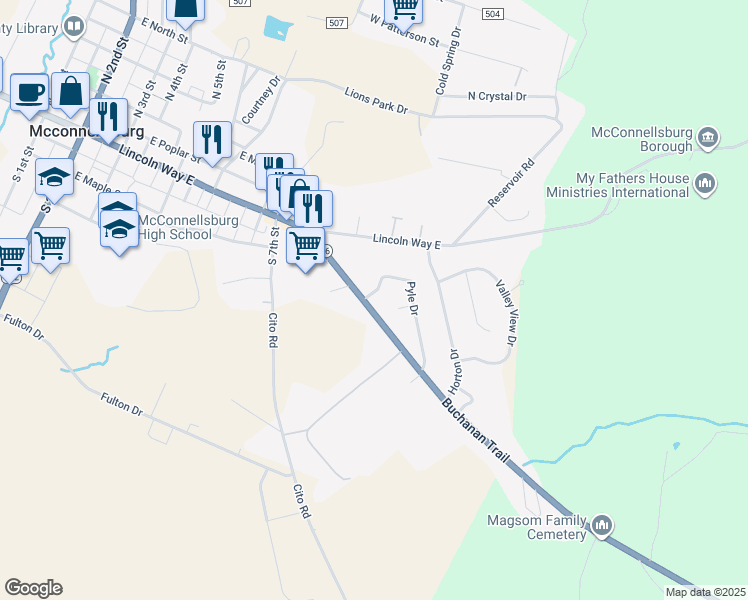 map of restaurants, bars, coffee shops, grocery stores, and more near 327 Buchanan Trail in McConnellsburg