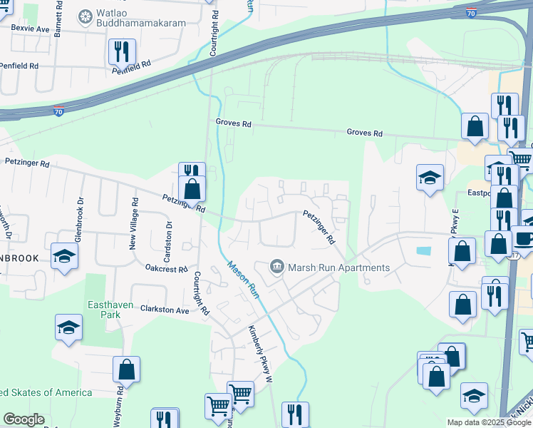 map of restaurants, bars, coffee shops, grocery stores, and more near 3692 Petzinger Road in Columbus