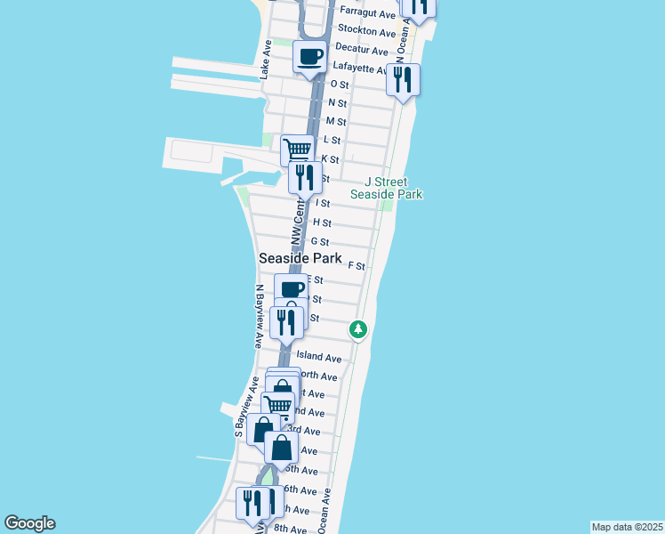 map of restaurants, bars, coffee shops, grocery stores, and more near 35 F Street in Seaside Park