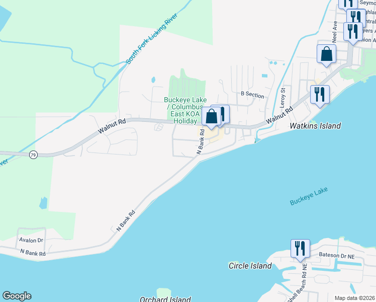 map of restaurants, bars, coffee shops, grocery stores, and more near 58 Elmhurst Lane in Buckeye Lake
