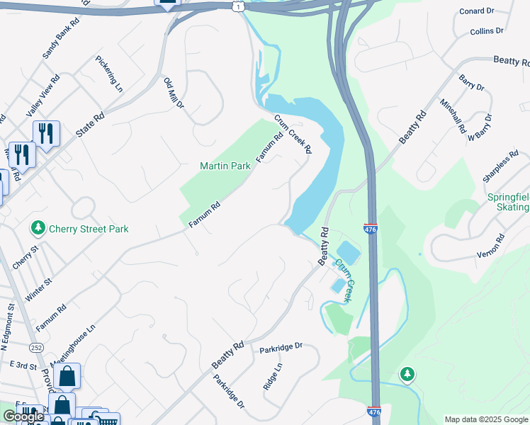 map of restaurants, bars, coffee shops, grocery stores, and more near 425 Oak Valley Road in Media