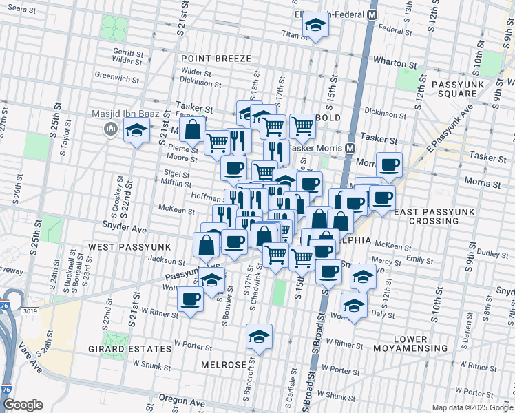 map of restaurants, bars, coffee shops, grocery stores, and more near 1918 South 17th Street in Philadelphia