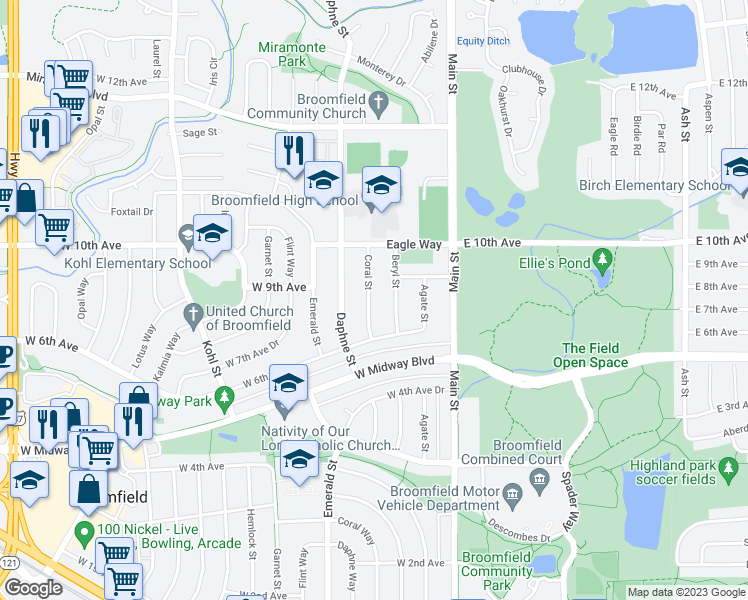 map of restaurants, bars, coffee shops, grocery stores, and more near 800 Coral Street in Broomfield