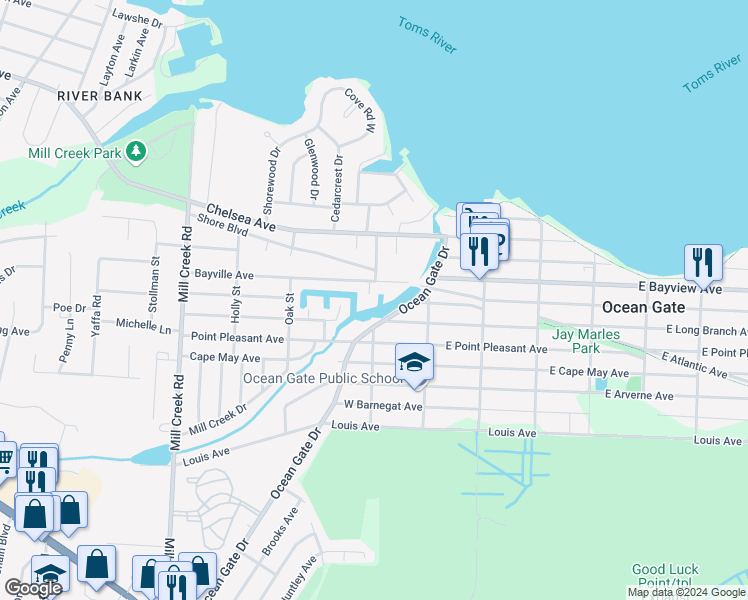 map of restaurants, bars, coffee shops, grocery stores, and more near 3 Sheila Court in Berkeley Township