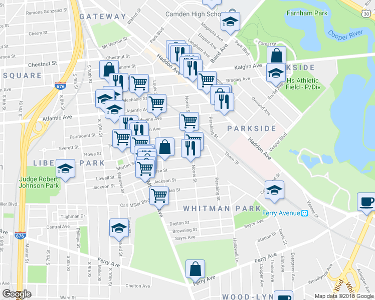 map of restaurants, bars, coffee shops, grocery stores, and more near 1274 Thurman Street in Camden