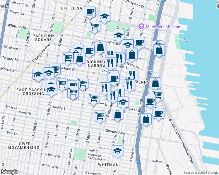 map of restaurants, bars, coffee shops, grocery stores, and more near 1700 East Moyamensing Avenue in Philadelphia
