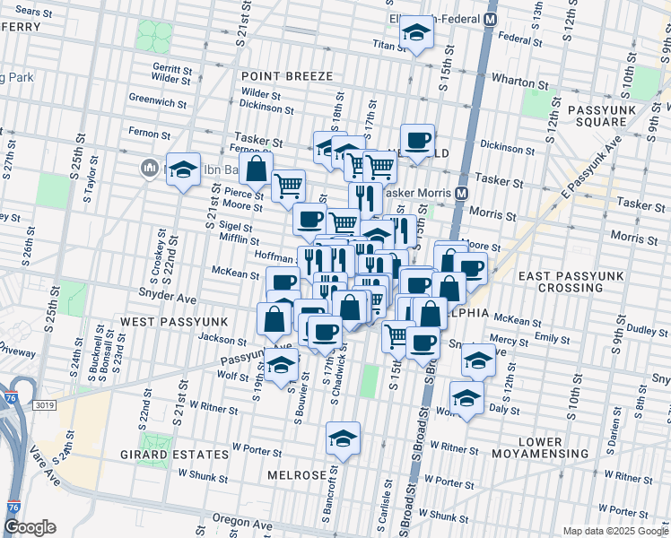 map of restaurants, bars, coffee shops, grocery stores, and more near 1912 South 17th Street in Philadelphia