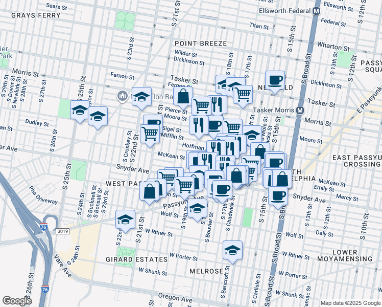 map of restaurants, bars, coffee shops, grocery stores, and more near 1908 Dudley Street in Philadelphia