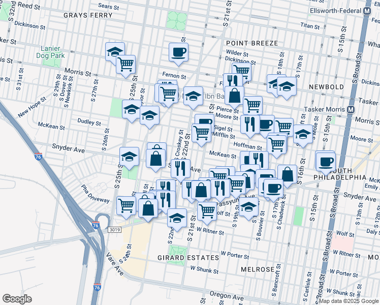 map of restaurants, bars, coffee shops, grocery stores, and more near 2006 South Beechwood Street in Philadelphia