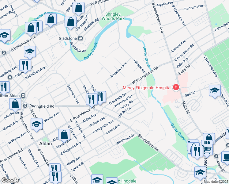 map of restaurants, bars, coffee shops, grocery stores, and more near 1 Arbor Lea Road in Lansdowne