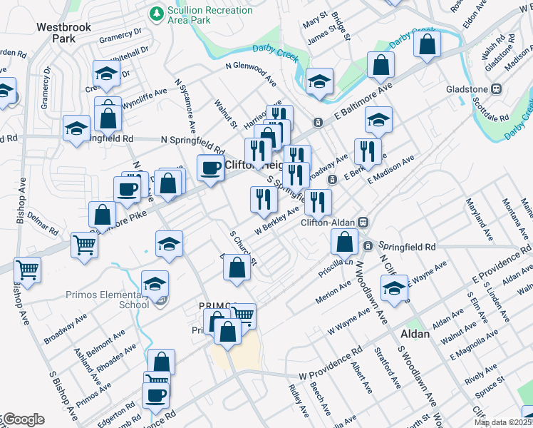 map of restaurants, bars, coffee shops, grocery stores, and more near 62 West Broadway Avenue in Clifton Heights