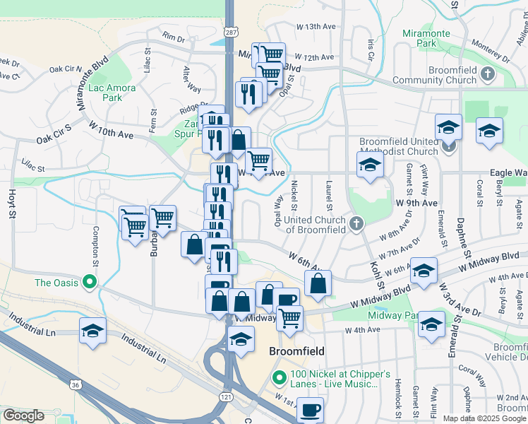map of restaurants, bars, coffee shops, grocery stores, and more near 670 Poppy Way in Broomfield