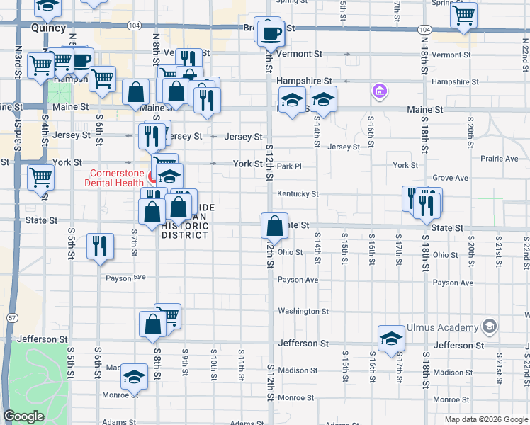 map of restaurants, bars, coffee shops, grocery stores, and more near 426 South 12th Street in Quincy