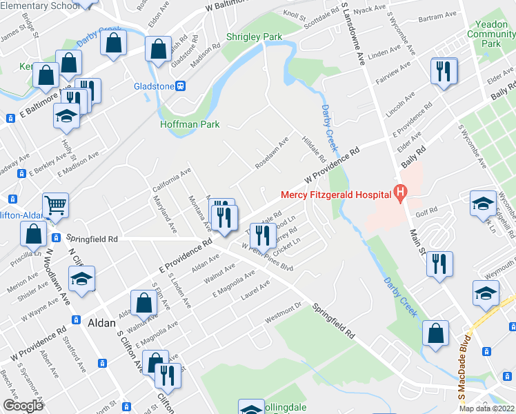 map of restaurants, bars, coffee shops, grocery stores, and more near 1 Arbor Lea Road in Lansdowne