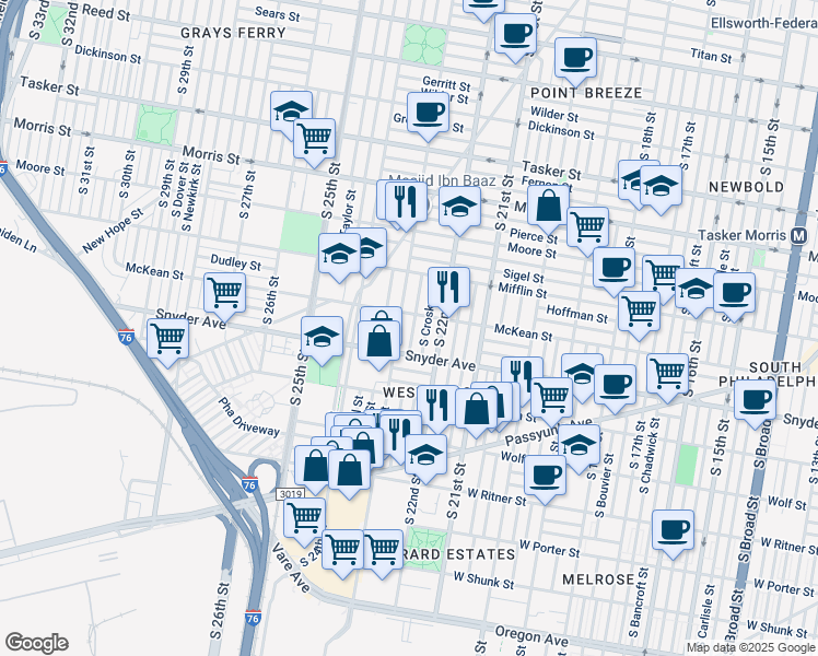 map of restaurants, bars, coffee shops, grocery stores, and more near 2016 South Hemberger Street in Philadelphia