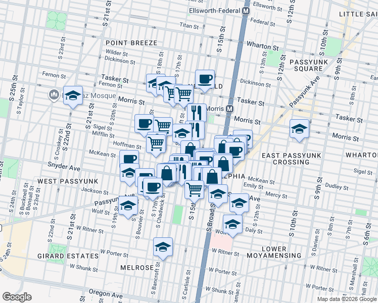 map of restaurants, bars, coffee shops, grocery stores, and more near 1526 Mifflin Street in Philadelphia
