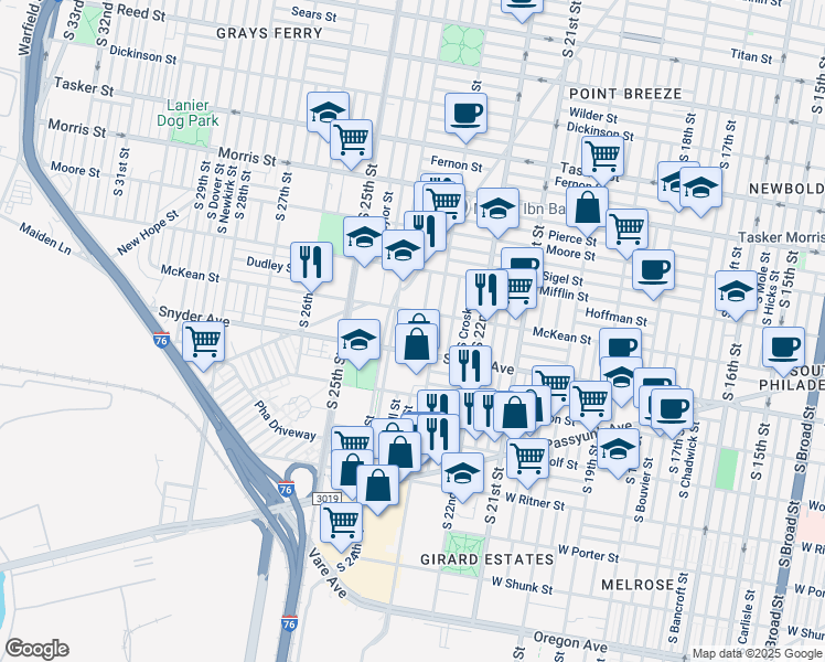 map of restaurants, bars, coffee shops, grocery stores, and more near 2023 South Bucknell Street in Philadelphia