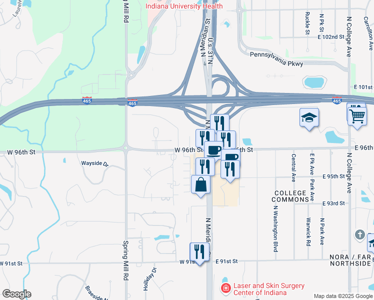 map of restaurants, bars, coffee shops, grocery stores, and more near 100 West 96th Street in Indianapolis