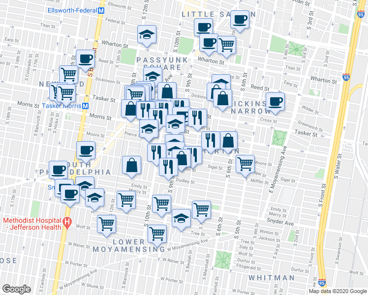 map of restaurants, bars, coffee shops, grocery stores, and more near 827 Moore Street in Philadelphia