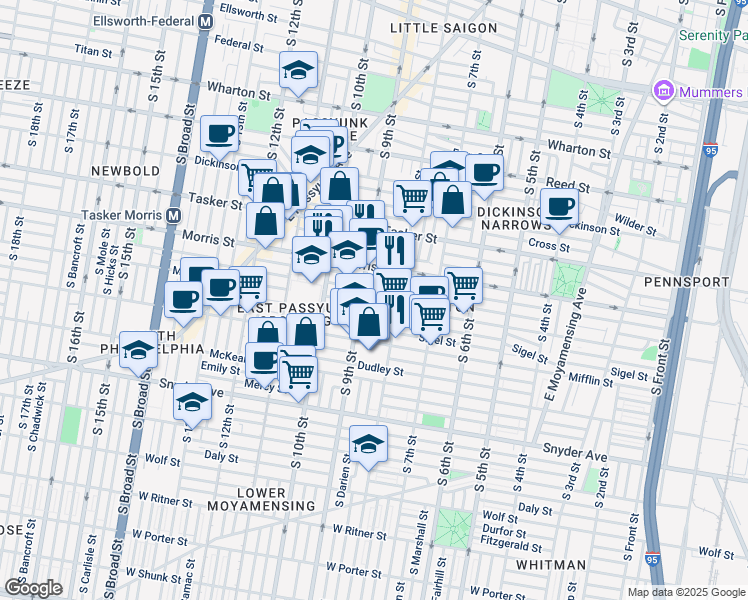 map of restaurants, bars, coffee shops, grocery stores, and more near 827 Moore Street in Philadelphia