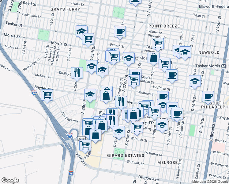 map of restaurants, bars, coffee shops, grocery stores, and more near in Philadelphia