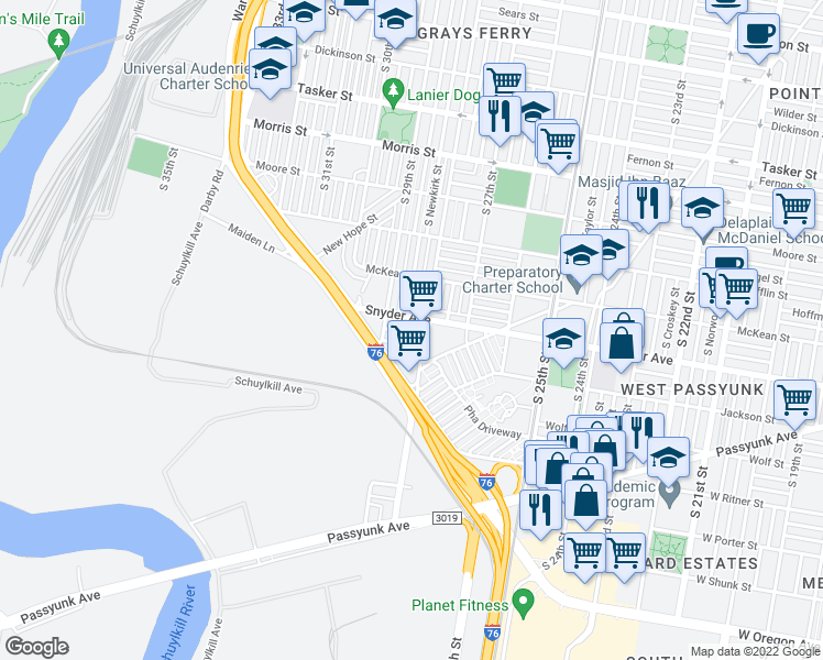 map of restaurants, bars, coffee shops, grocery stores, and more near 2817 Cantrell Street in Philadelphia