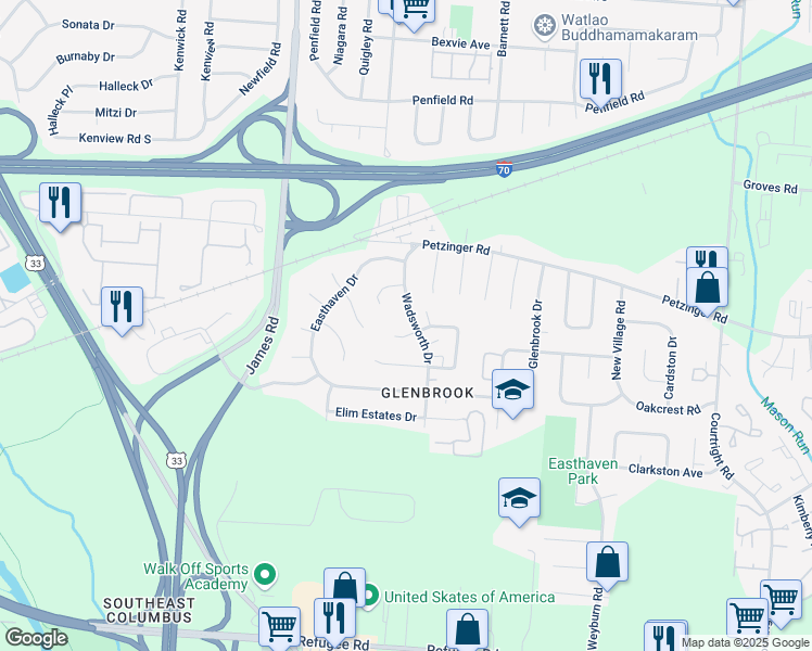 map of restaurants, bars, coffee shops, grocery stores, and more near 2153 Wadsworth Drive in Columbus