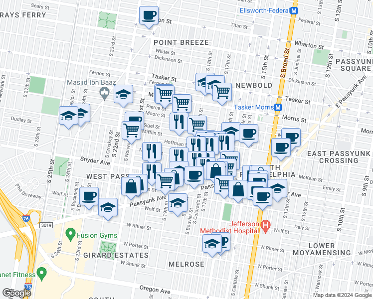 map of restaurants, bars, coffee shops, grocery stores, and more near 1823 Dudley Street in Philadelphia