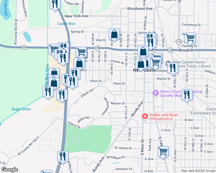 map of restaurants, bars, coffee shops, grocery stores, and more near 520 Hawthorne Road in New Castle