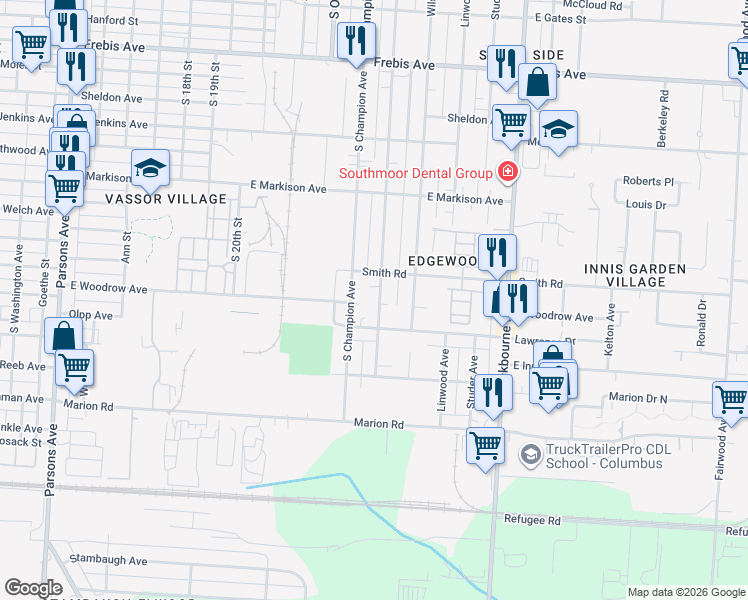 map of restaurants, bars, coffee shops, grocery stores, and more near 1839 Oakwood Avenue in Columbus