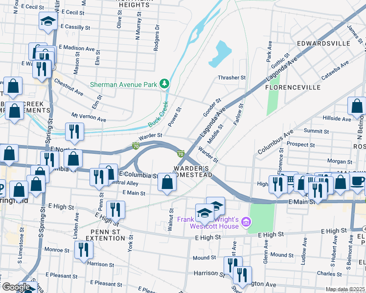 map of restaurants, bars, coffee shops, grocery stores, and more near 970 Lagonda Avenue in Springfield
