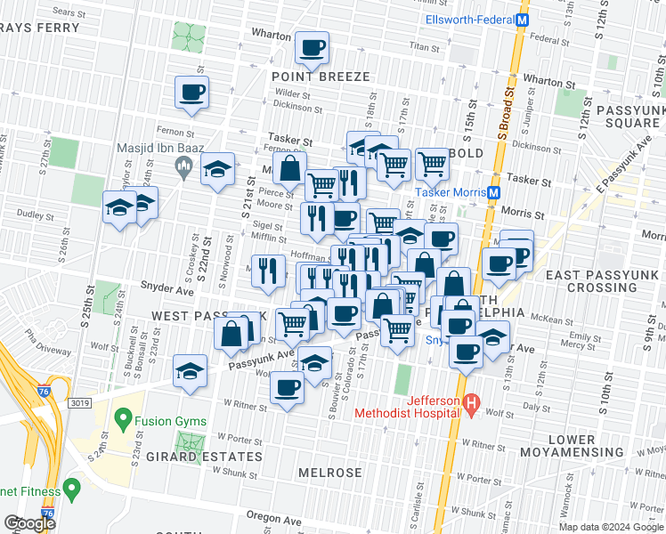 map of restaurants, bars, coffee shops, grocery stores, and more near 1819 Dudley Street in Philadelphia