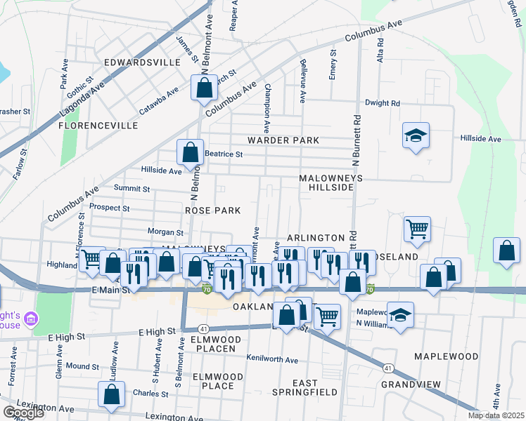 map of restaurants, bars, coffee shops, grocery stores, and more near 416 North Clairmont Avenue in Springfield