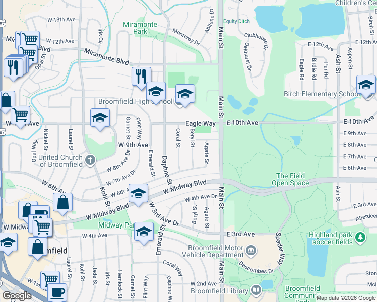 map of restaurants, bars, coffee shops, grocery stores, and more near 800 Coral Street in Broomfield