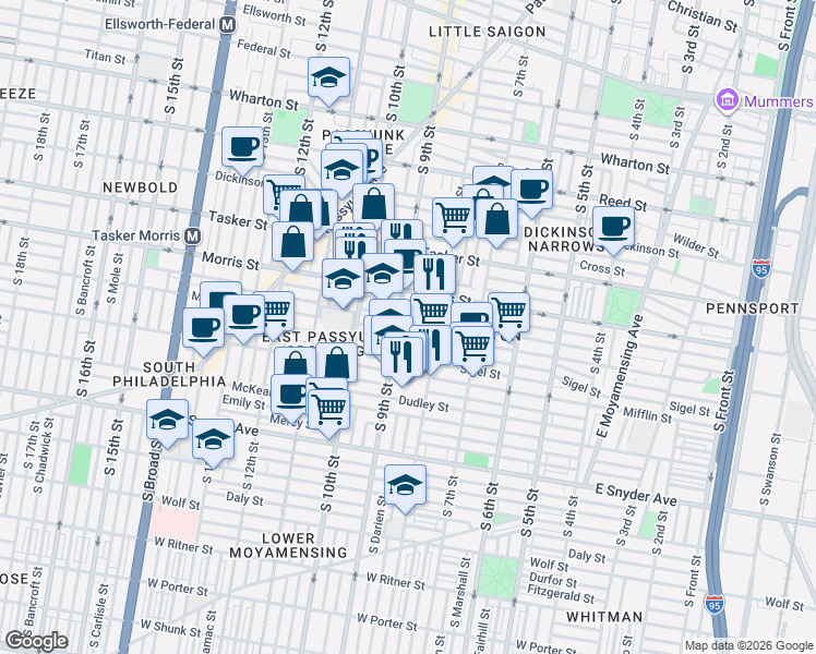 map of restaurants, bars, coffee shops, grocery stores, and more near 1740 South 9th Street in Philadelphia
