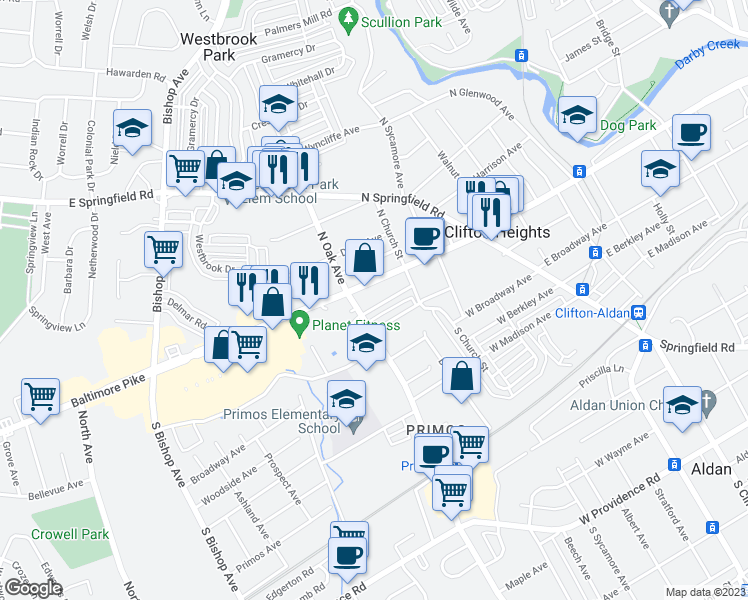 map of restaurants, bars, coffee shops, grocery stores, and more near 251 Cambridge Road in Clifton Heights