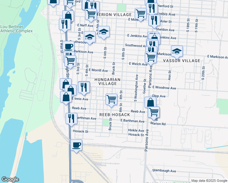 map of restaurants, bars, coffee shops, grocery stores, and more near 1744 Bruck St in Columbus