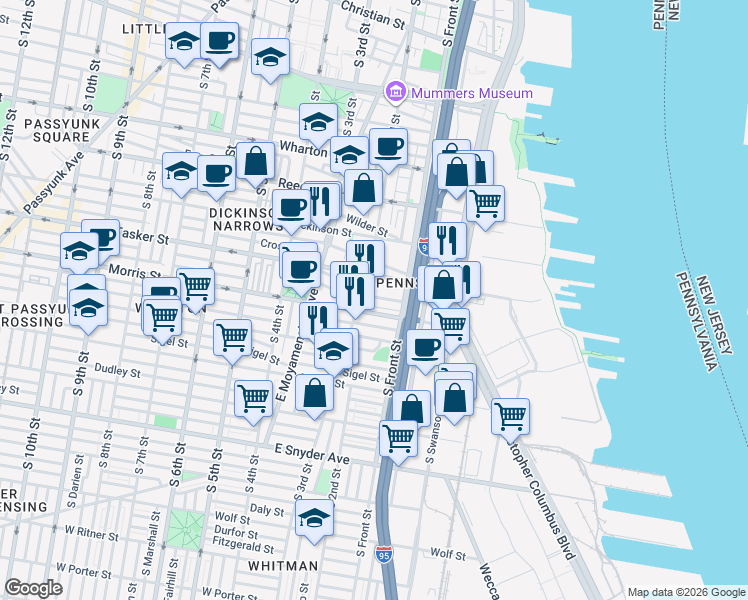 map of restaurants, bars, coffee shops, grocery stores, and more near 140 Fernon Street in Philadelphia
