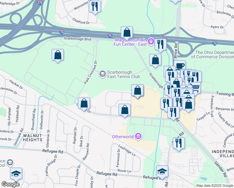 map of restaurants, bars, coffee shops, grocery stores, and more near 5681 Maple Tree Lane in Columbus