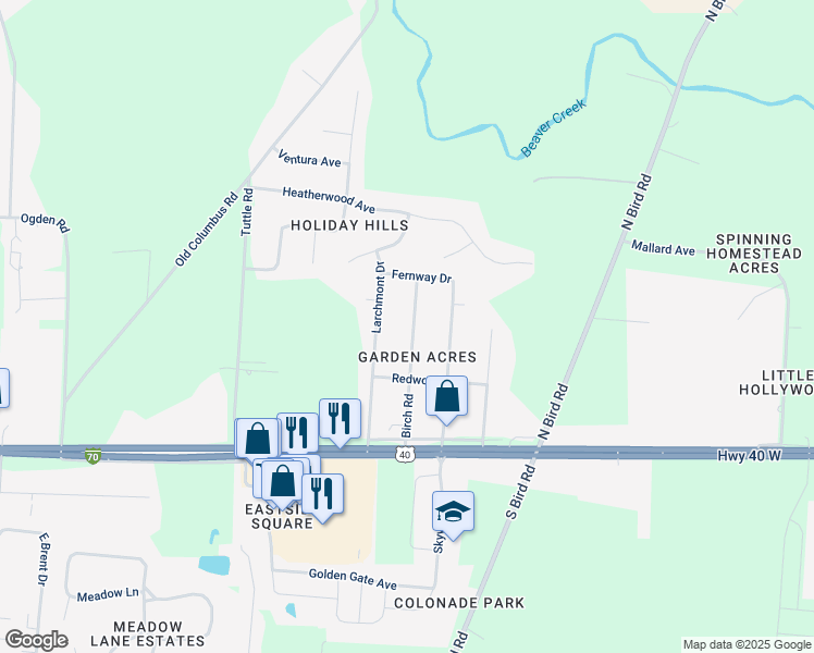map of restaurants, bars, coffee shops, grocery stores, and more near 307 Birch Road in Springfield