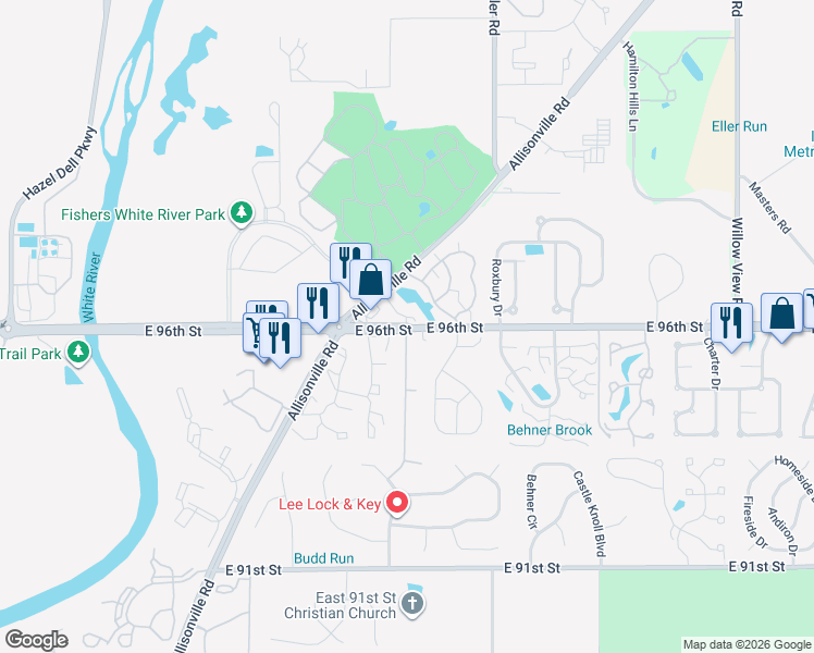 map of restaurants, bars, coffee shops, grocery stores, and more near 6100 East 96th Street in Indianapolis