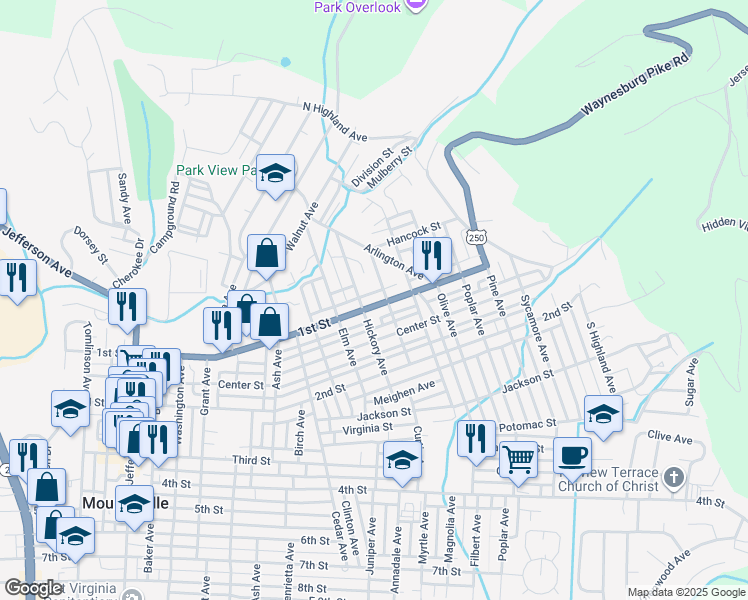 map of restaurants, bars, coffee shops, grocery stores, and more near 1905 1st Street in Moundsville