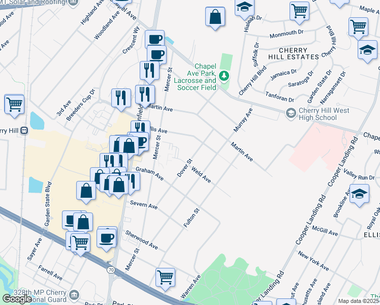 map of restaurants, bars, coffee shops, grocery stores, and more near 809 Dover Street in Cherry Hill