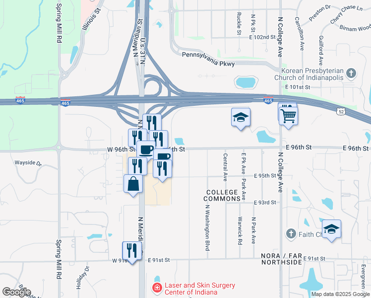 map of restaurants, bars, coffee shops, grocery stores, and more near 175 East 96th Street in Indianapolis