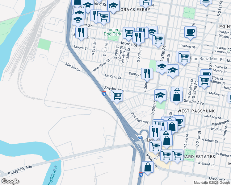 map of restaurants, bars, coffee shops, grocery stores, and more near 2829 Cantrell Street in Philadelphia