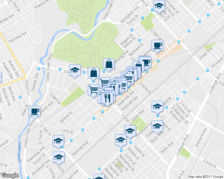 map of restaurants, bars, coffee shops, grocery stores, and more near 2112 South 64th Street in Philadelphia