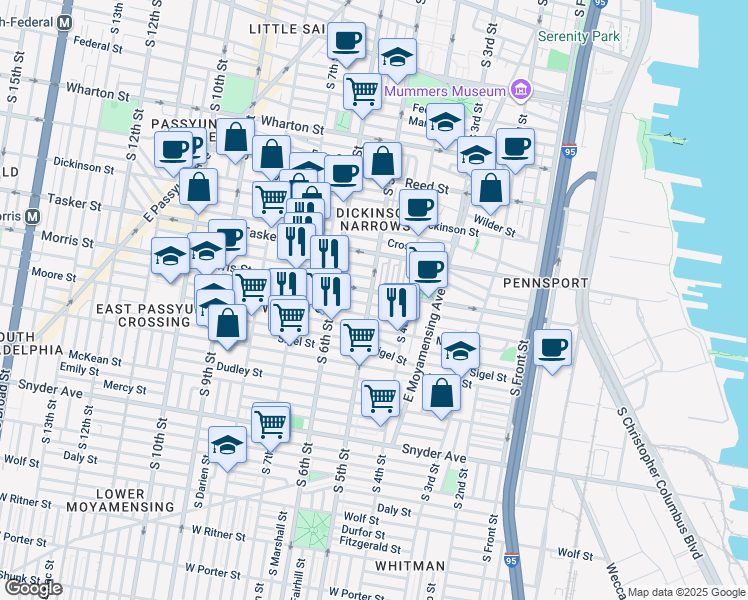 map of restaurants, bars, coffee shops, grocery stores, and more near 1709 S 5th St in Philadelphia