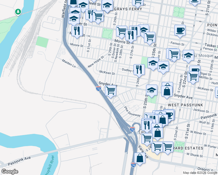 map of restaurants, bars, coffee shops, grocery stores, and more near 2829 Cantrell Street in Philadelphia